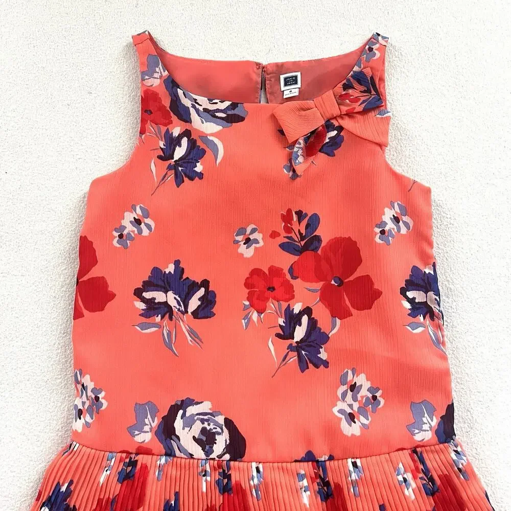 Janie And Jack Girl Vivid Coral Floral Print Chiffon Pleated Sleeveless Dress 6